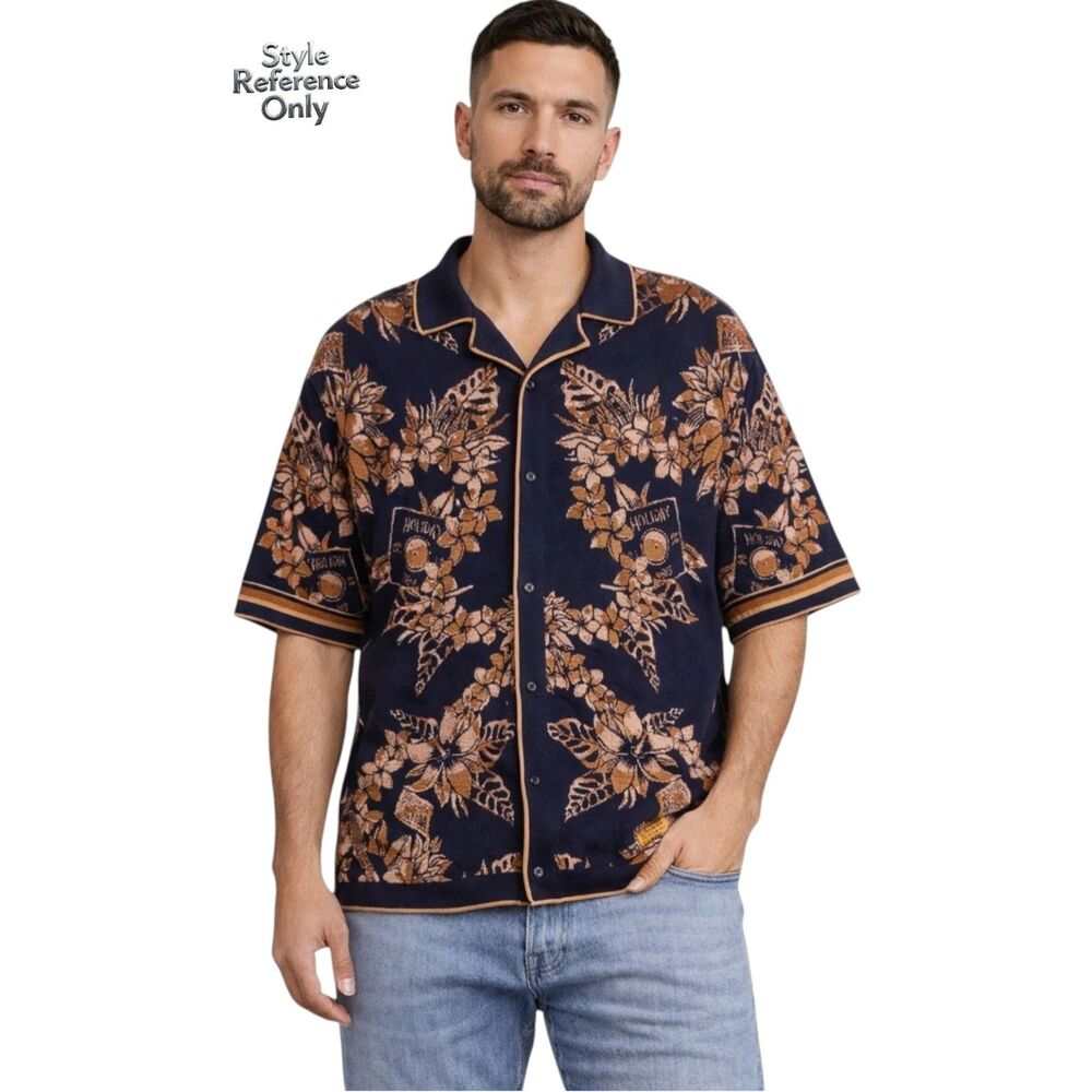 Scotch & Soda Jacquard Knit Camp Shirt Size L Floral Organic Cotton Navy Tan